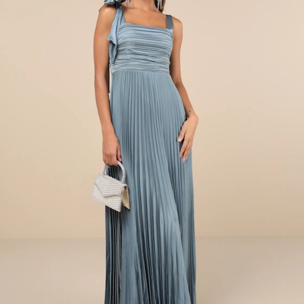 Lulus Gorgeous Purpose Slate Satin Pleated Sleeveless Bow Maxi Dress - L